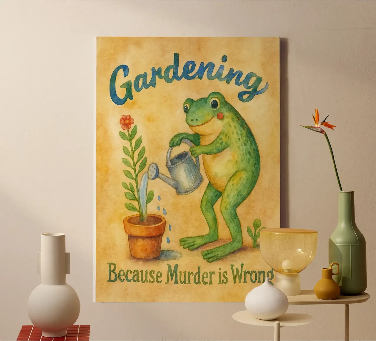 Funny Frog Gardening Because Murder Is Wrong canvas with Floater frame by onerules