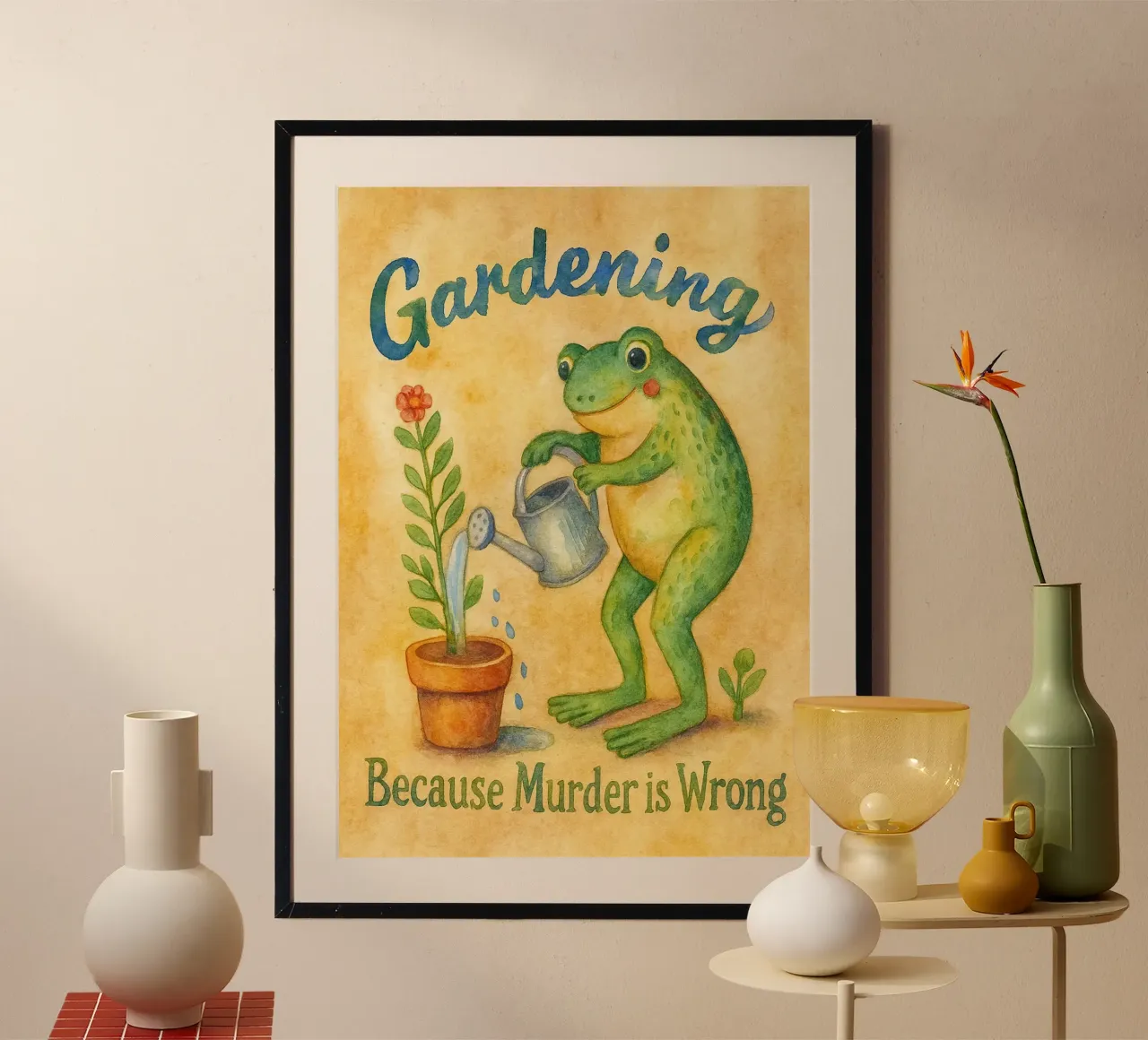 Divertente rana che fa giardinaggio perché l'omicidio è sbagliato poster da onerules