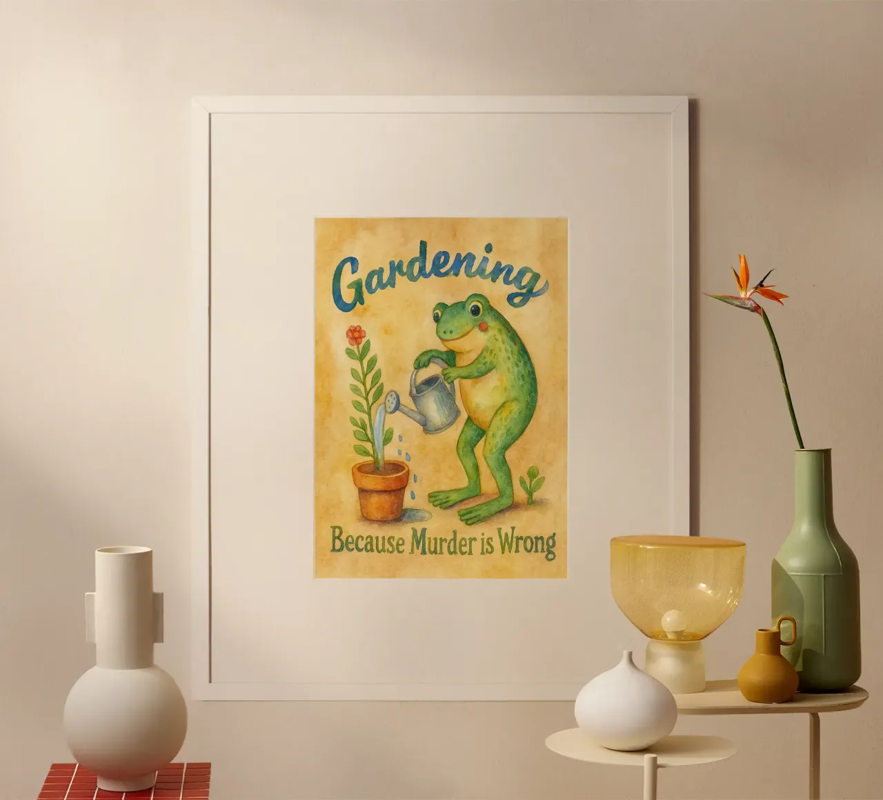 Divertente rana che fa giardinaggio perché l'omicidio è sbagliato poster da onerules