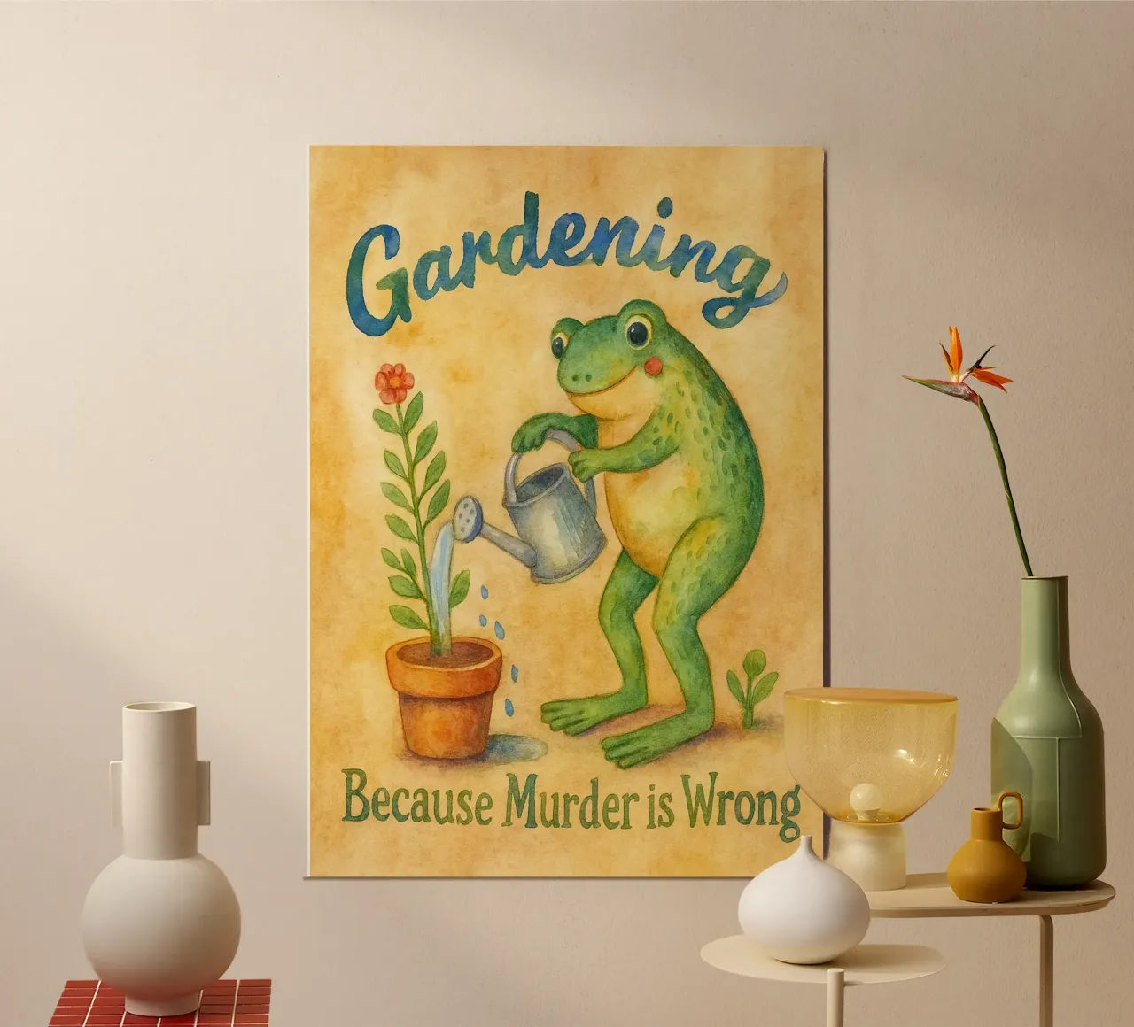 Divertente rana che fa giardinaggio perché l'omicidio è sbagliato poster da onerules