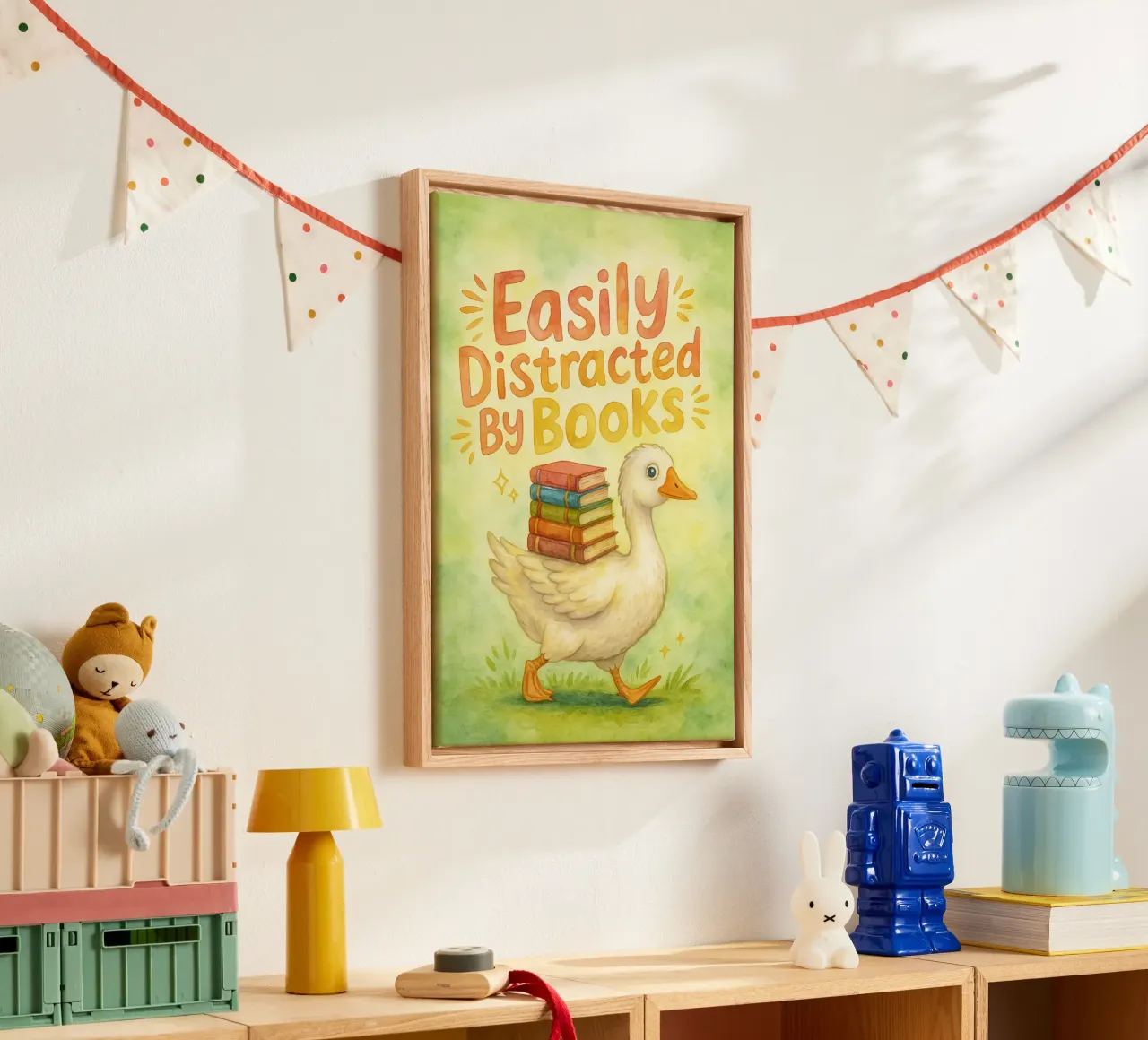 Funny Goose Easily Distracted by Books canvas with Floater frame by onerules