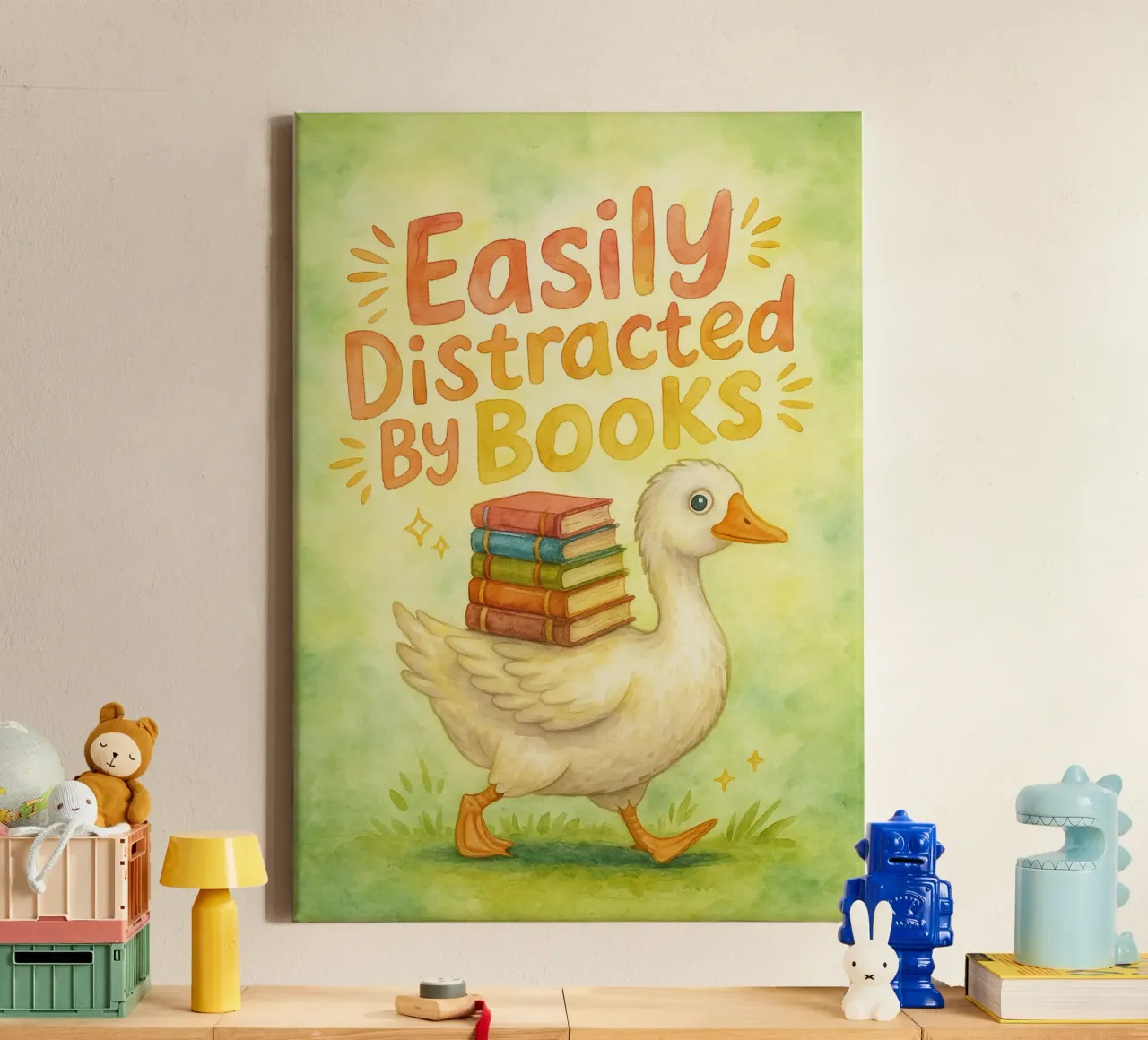Funny Goose Easily Distracted by Books canvas with Floater frame by onerules