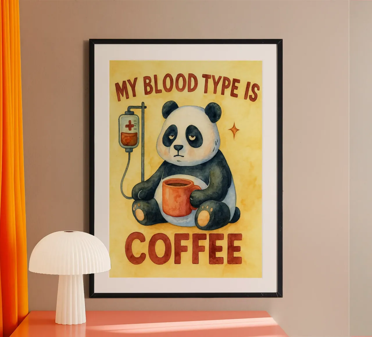 Panda divertente Il mio gruppo sanguigno è il caffè poster con telaio in legno da onerules