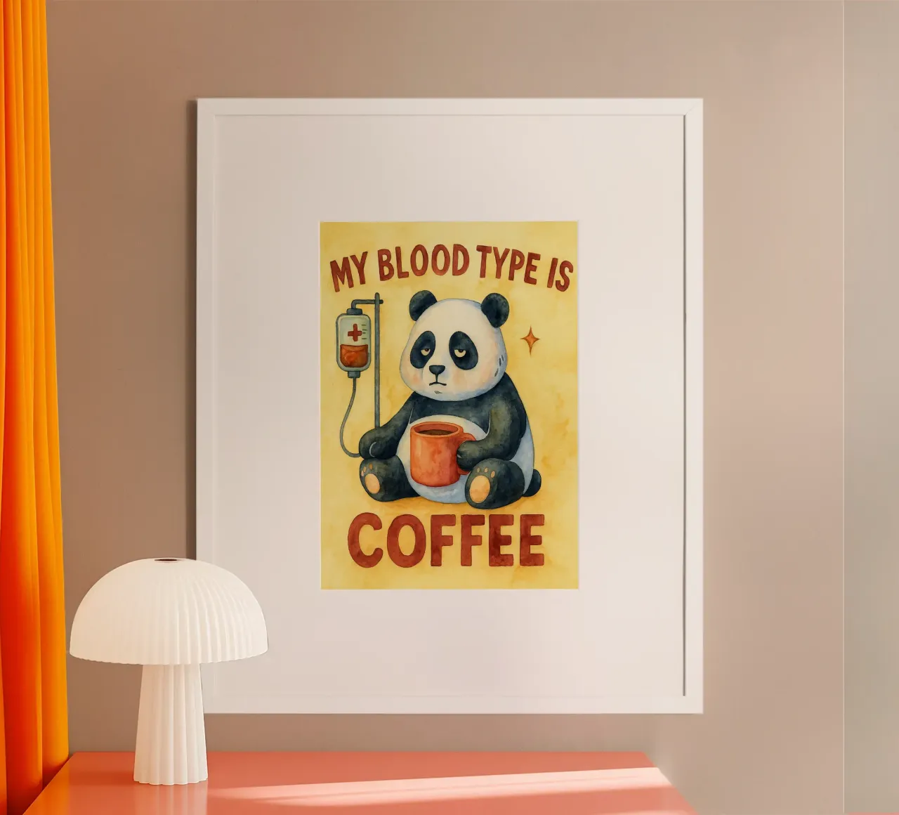 Panda divertente Il mio gruppo sanguigno è il caffè poster con telaio in legno da onerules