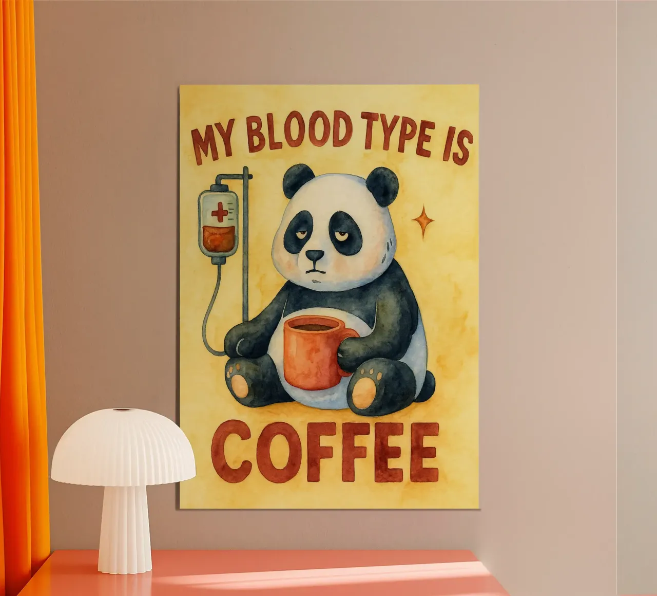 Panda divertente Il mio gruppo sanguigno è il caffè poster con telaio in legno da onerules