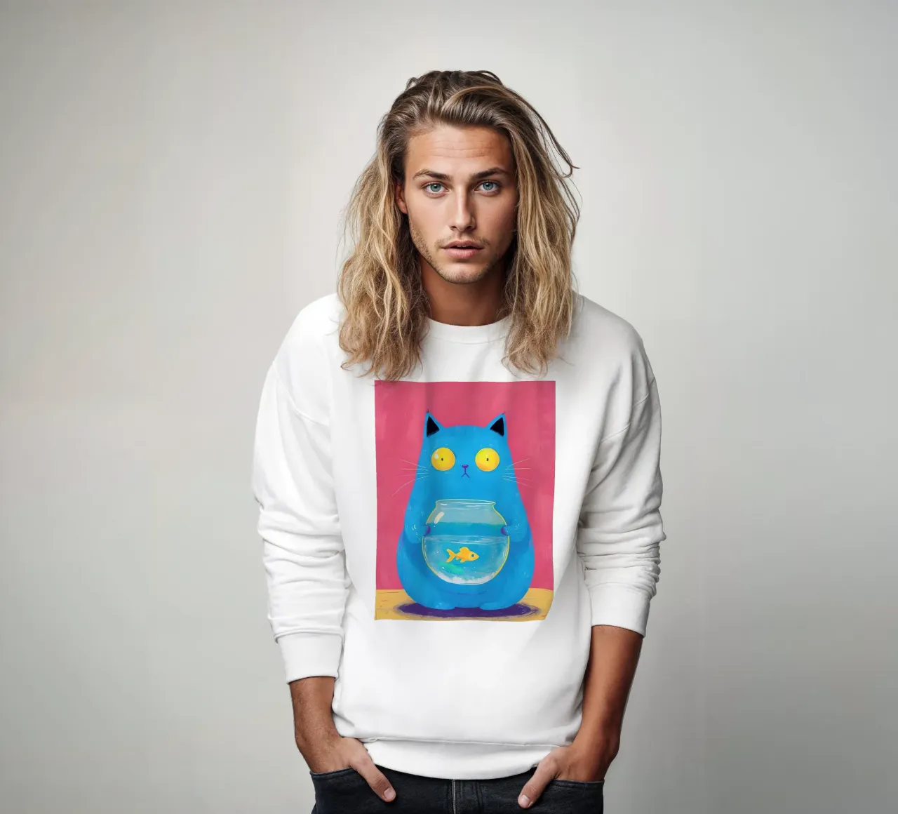 Blaue Katze mit Goldfischglas Sweatshirt von 🥝 KIWI STORE