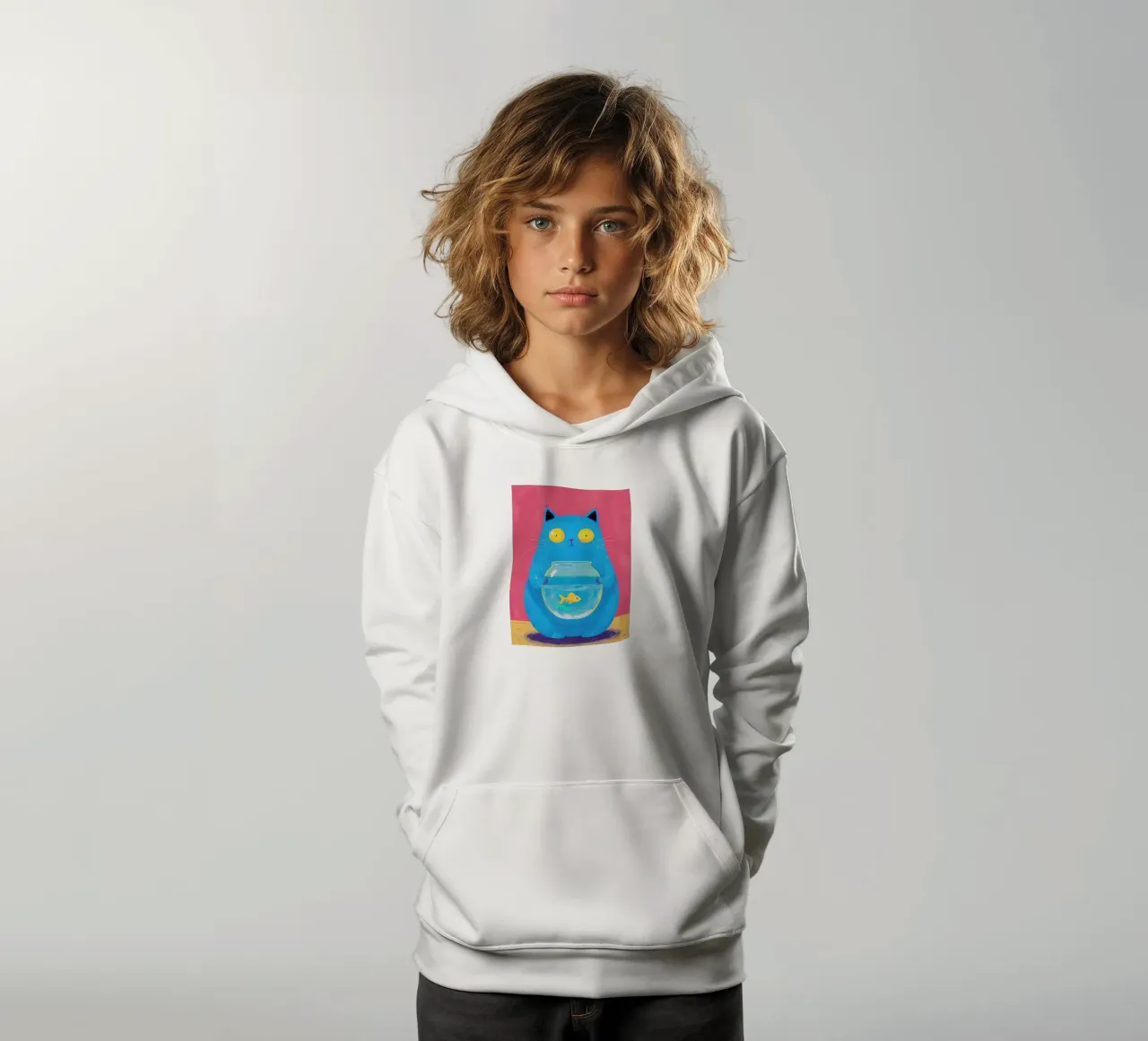 Blaue Katze mit Goldfischglas Kinder Hoodie von 🥝 KIWI STORE