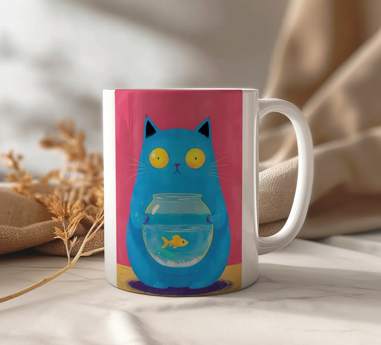Blue Cat with Goldfish Bowl ceramic mug by 🥝 KIWI STORE