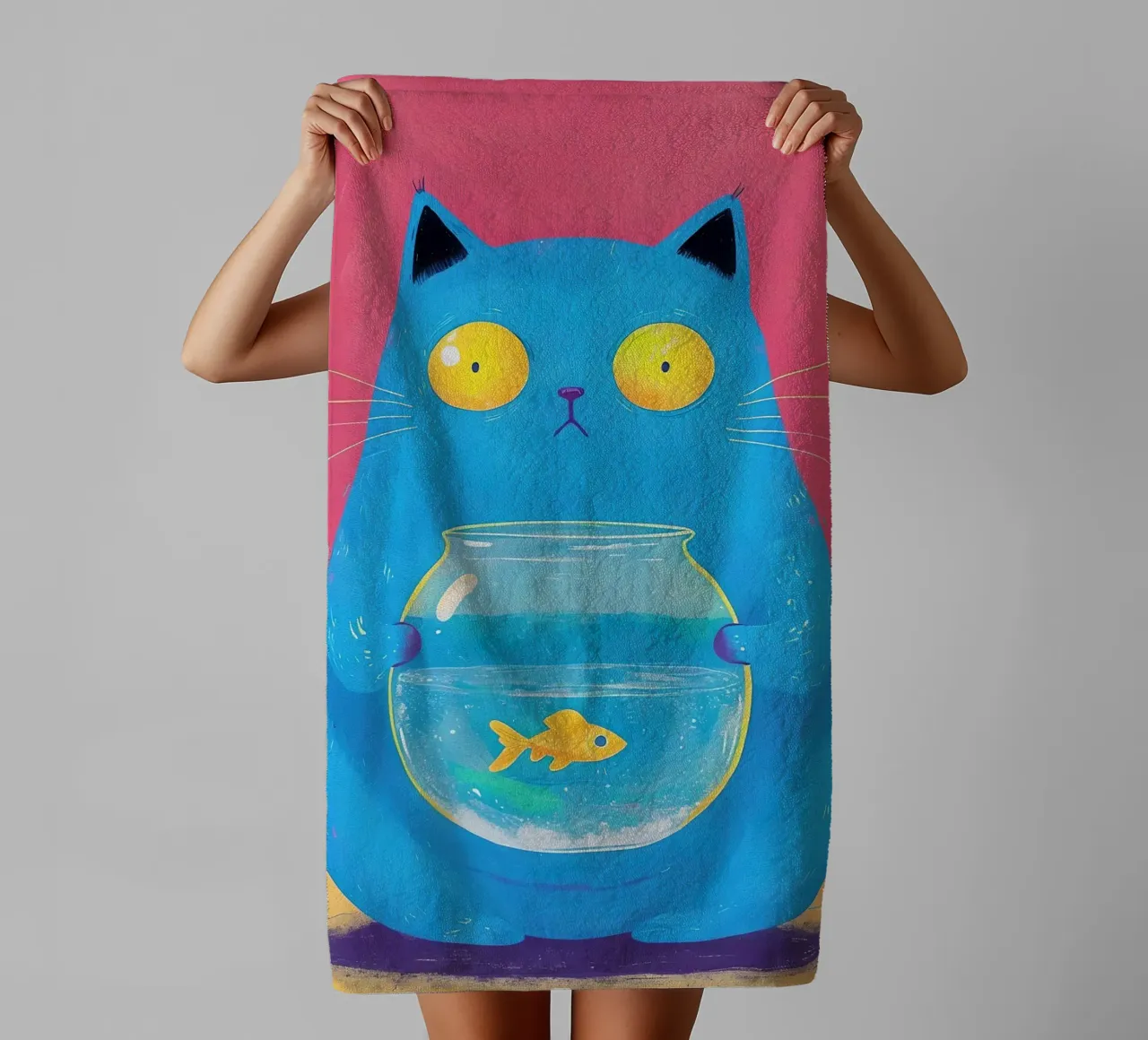 Chat bleu avec bocal à poissons rouges serviette de bain de 🥝 KIWI STORE
