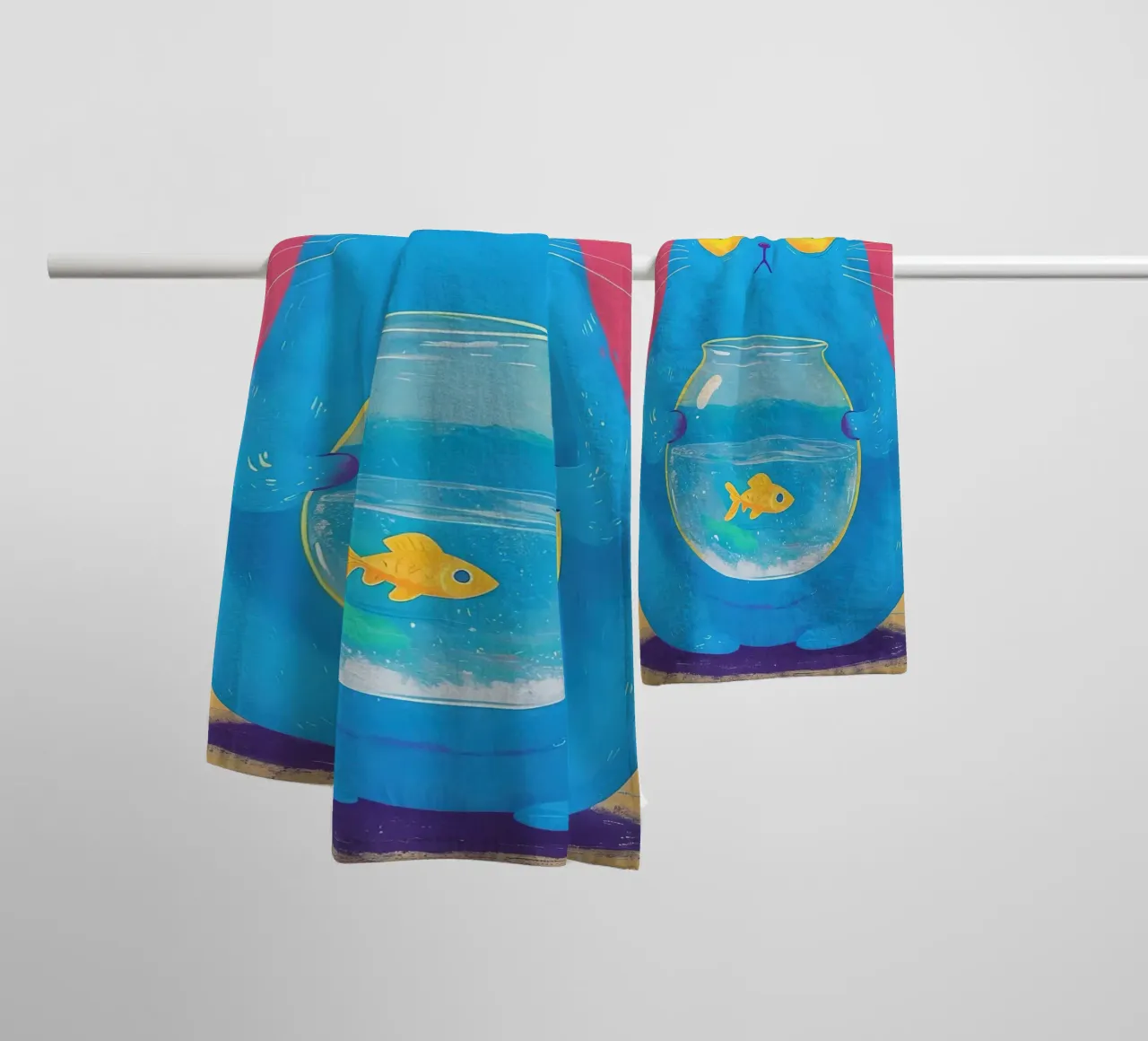 Chat bleu avec bocal à poissons rouges serviette de bain de 🥝 KIWI STORE