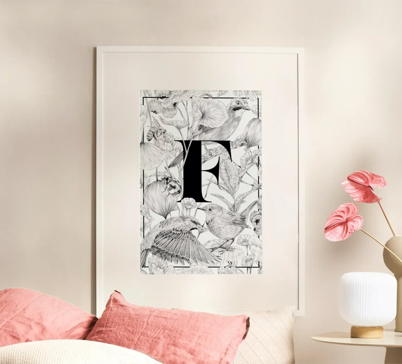 Floral Alphabet F poster con telaio in alluminio da Faunesque