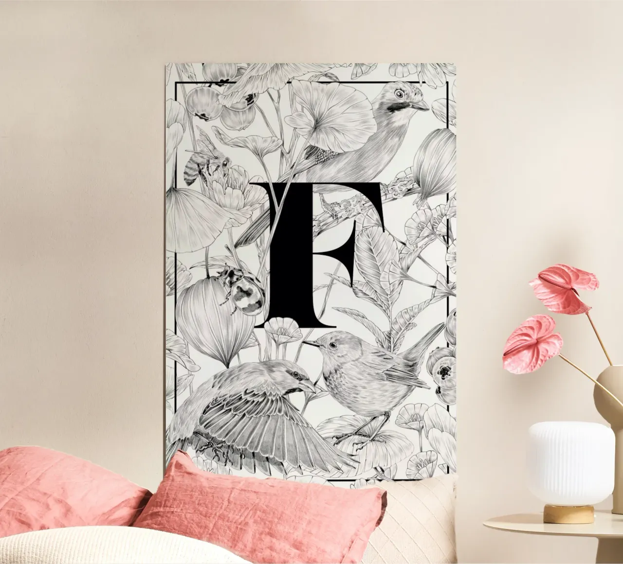 Floral Alphabet F poster con telaio in alluminio da Faunesque