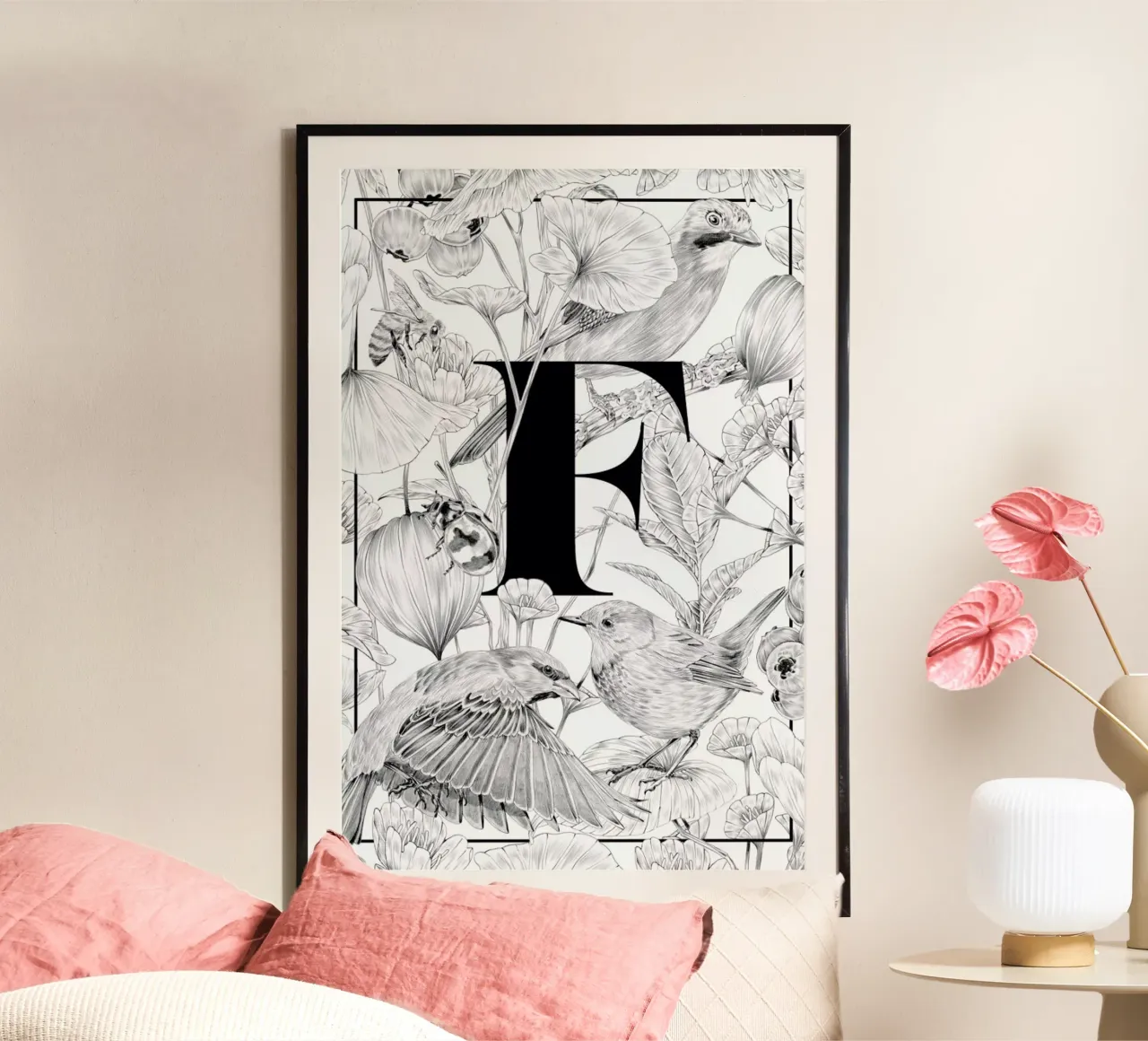 Floral Alphabet F poster con telaio in alluminio da Faunesque