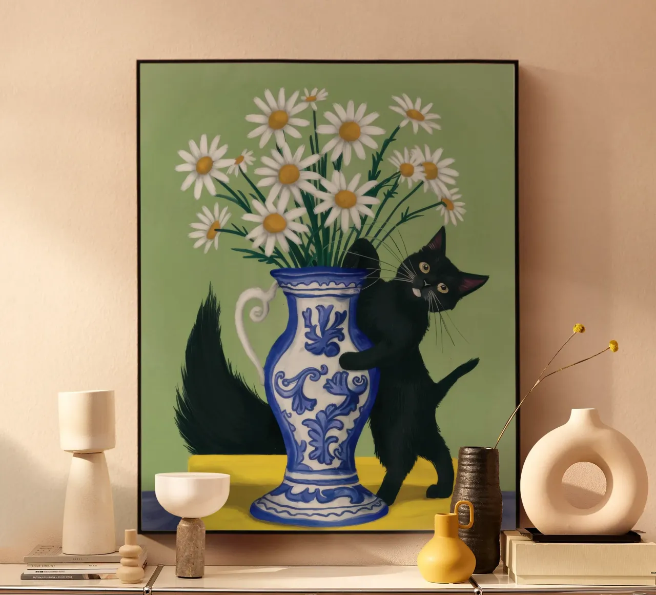 Gatto nero Margherite bianche plexiglass da Pale Aura