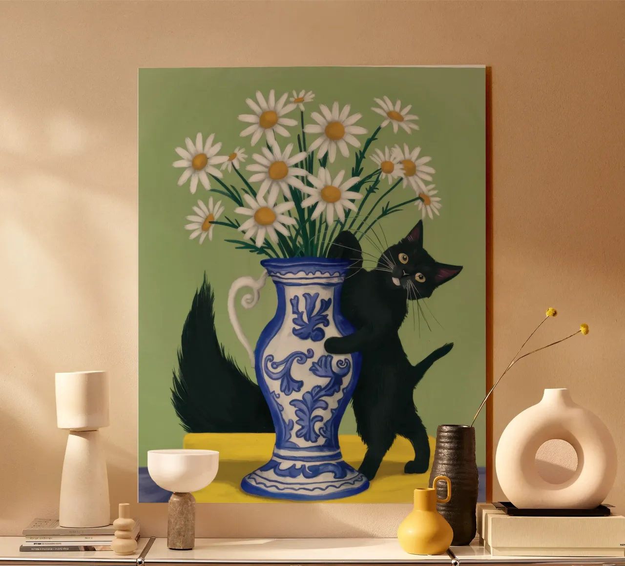 Gatto nero Margherite bianche plexiglass da Pale Aura