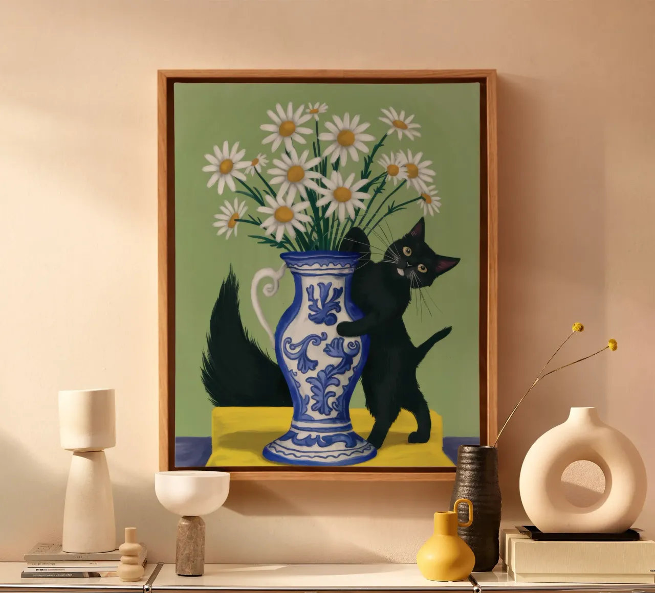 Zwarte Kat Witte Madeliefjes canvas met Baklijst van Pale Aura