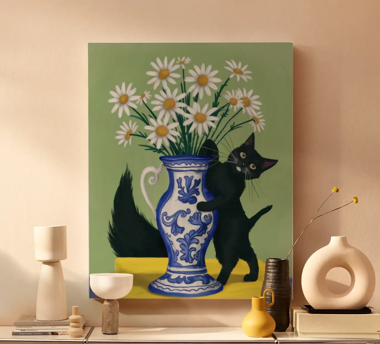 Zwarte Kat Witte Madeliefjes canvas met Baklijst van Pale Aura