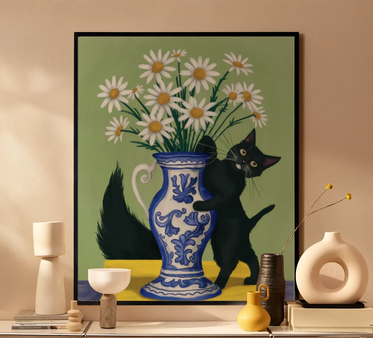 Gatto nero Margherite bianche carta hahnemühle da Pale Aura