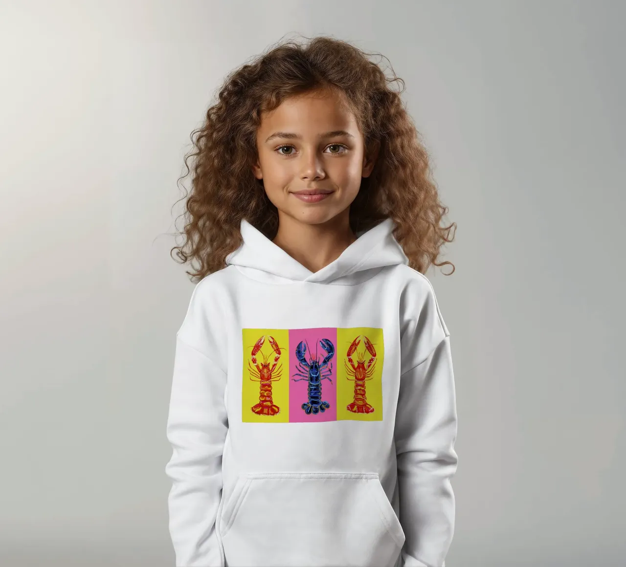 Lobster Raspberry Yellow Pop Art felpa bambino con cappuccio da Alice Straker