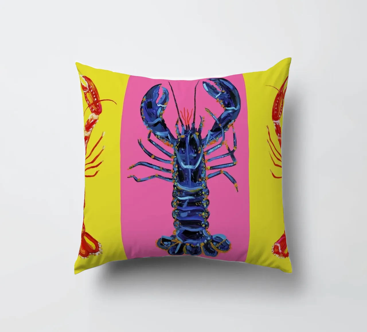 Lobster Raspberry Yellow Pop Art cuscino da Alice Straker