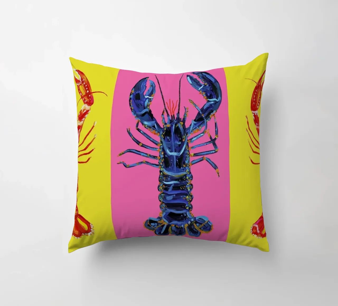 Lobster Raspberry Yellow Pop Art cuscino da Alice Straker