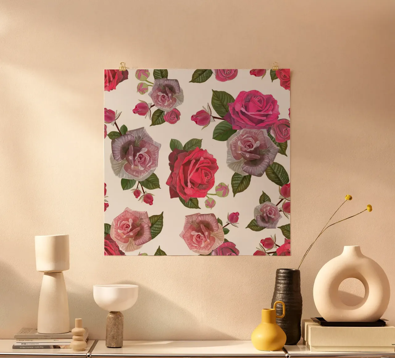 Modello di rose disegnate a mano poster con telaio in alluminio da gulsengunel