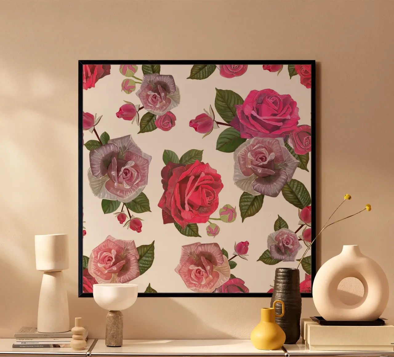 Modello di rose disegnate a mano poster con telaio in alluminio da gulsengunel
