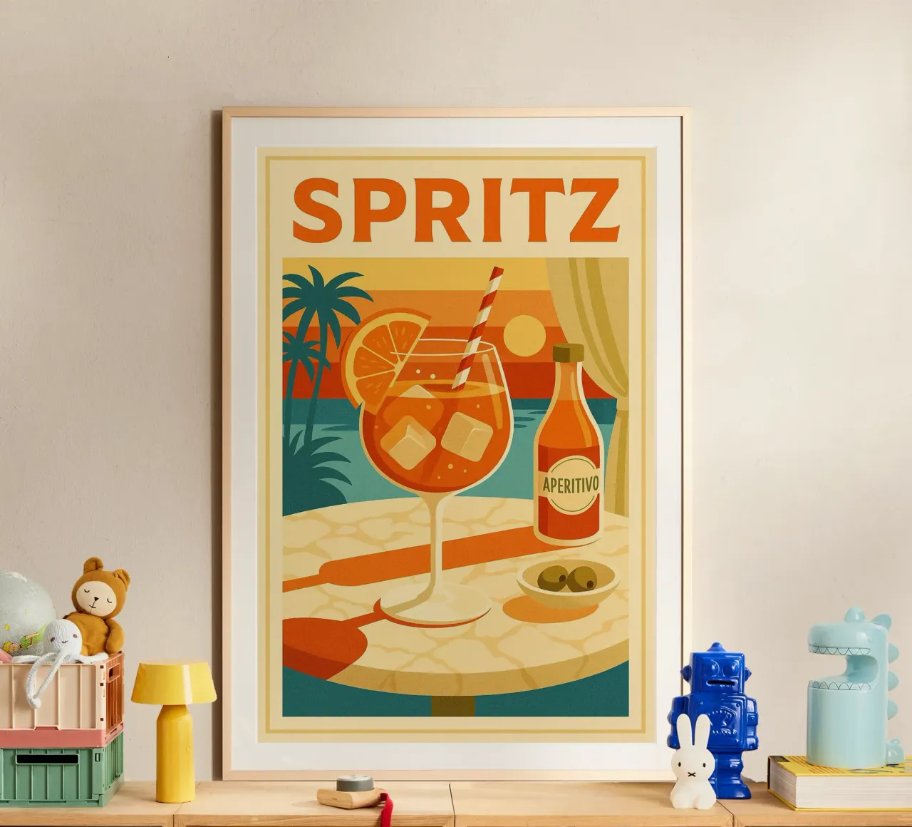 SPRITZ - Tramonto in un bicchiere poster con telaio in legno da Boissons - Affiches & posters - Retro