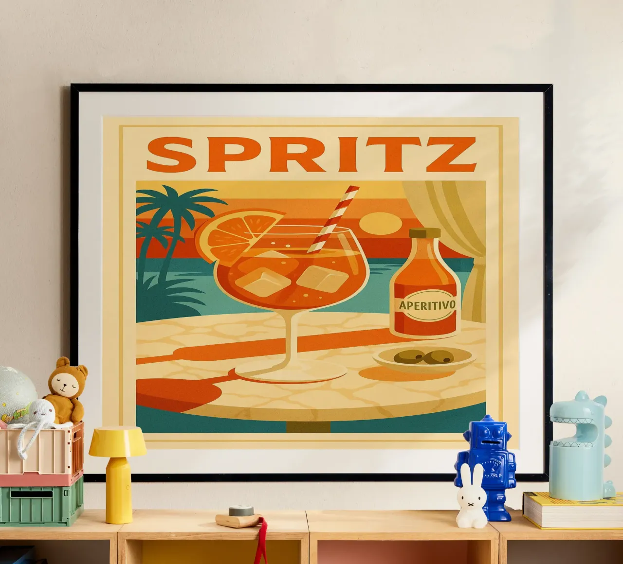 SPRITZ - Tramonto in un bicchiere poster con telaio in legno da Boissons - Affiches & posters - Retro