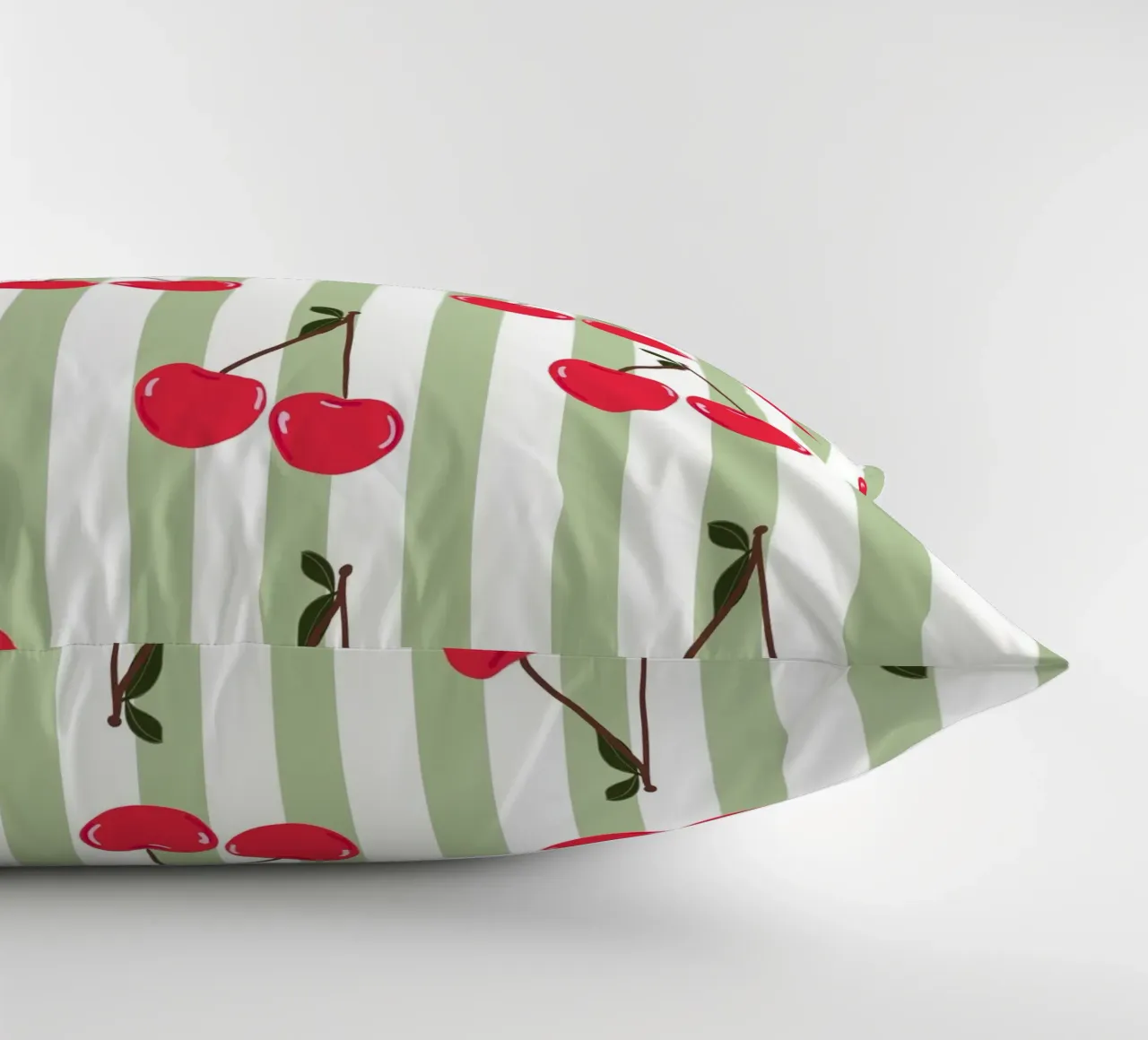 Green and white stripe pattern cherries decorative cushion by gulsengunel