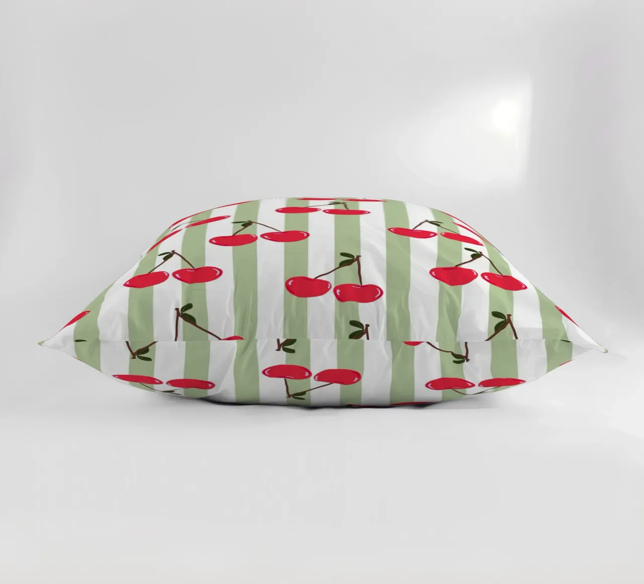 Green and white stripe pattern cherries decorative cushion by gulsengunel