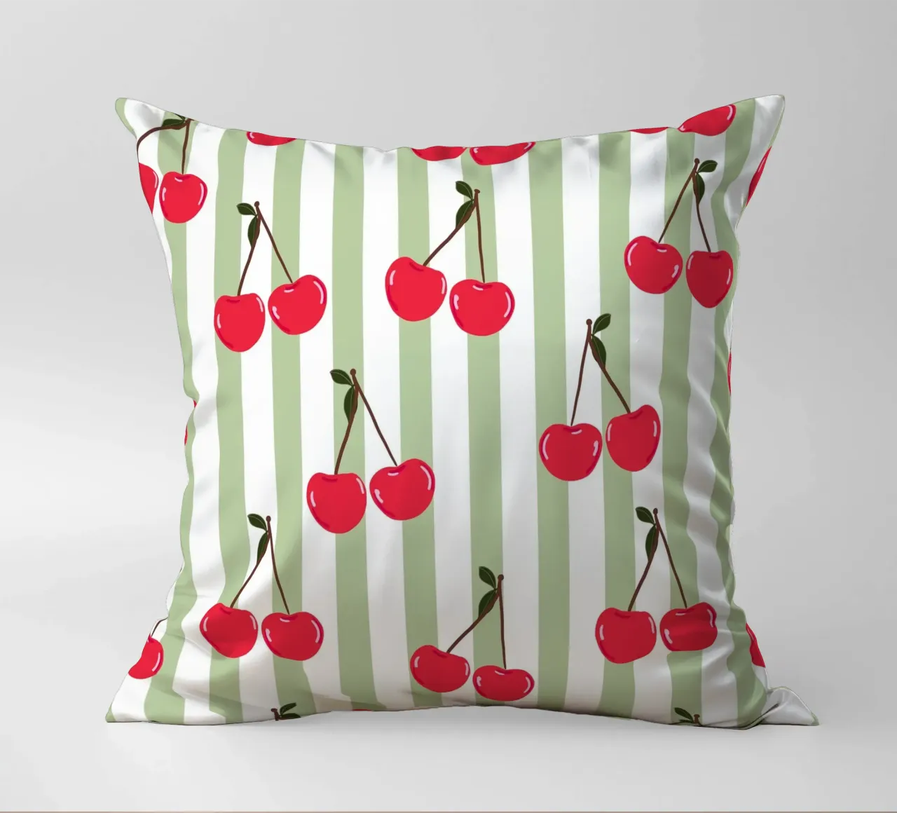 Green and white stripe pattern cherries decorative cushion by gulsengunel