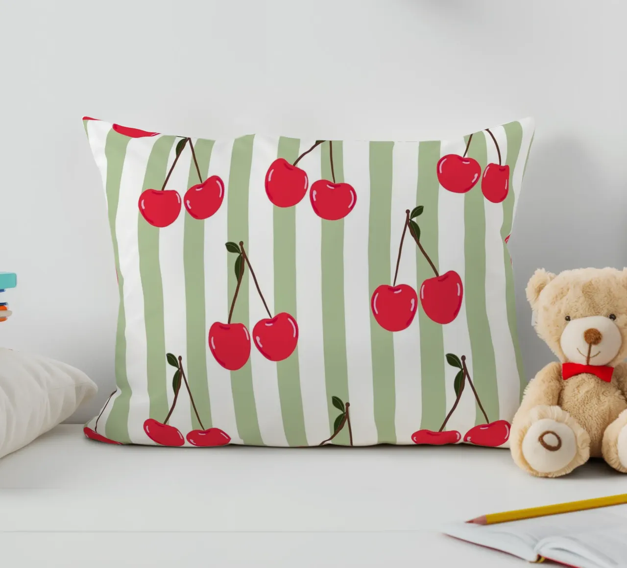 Green and white stripe pattern cherries decorative cushion by gulsengunel