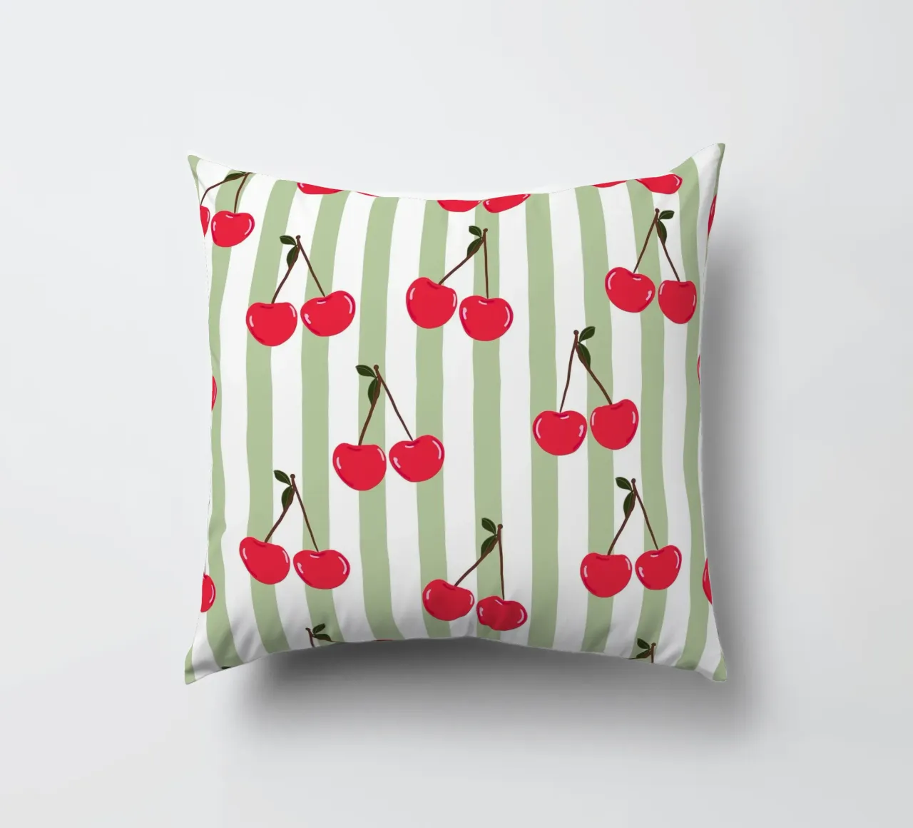 Green and white stripe pattern cherries decorative cushion by gulsengunel