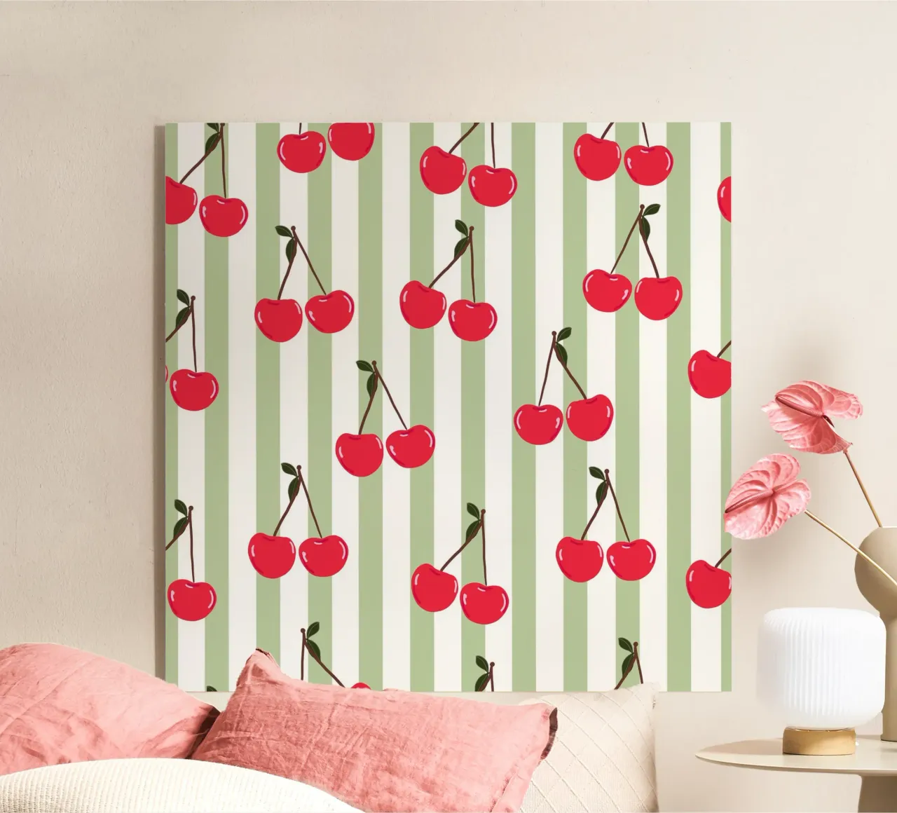 Green and white stripe pattern cherries acrylic glass by gulsengunel