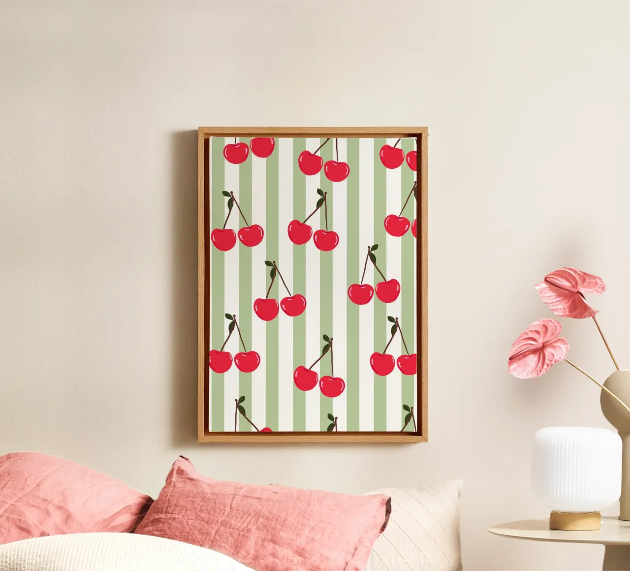 Green stripe cherry pattern fresh summer print canvas by gulsengunel