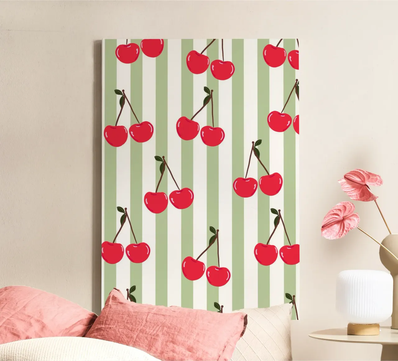Green stripe cherry pattern fresh summer print canvas by gulsengunel