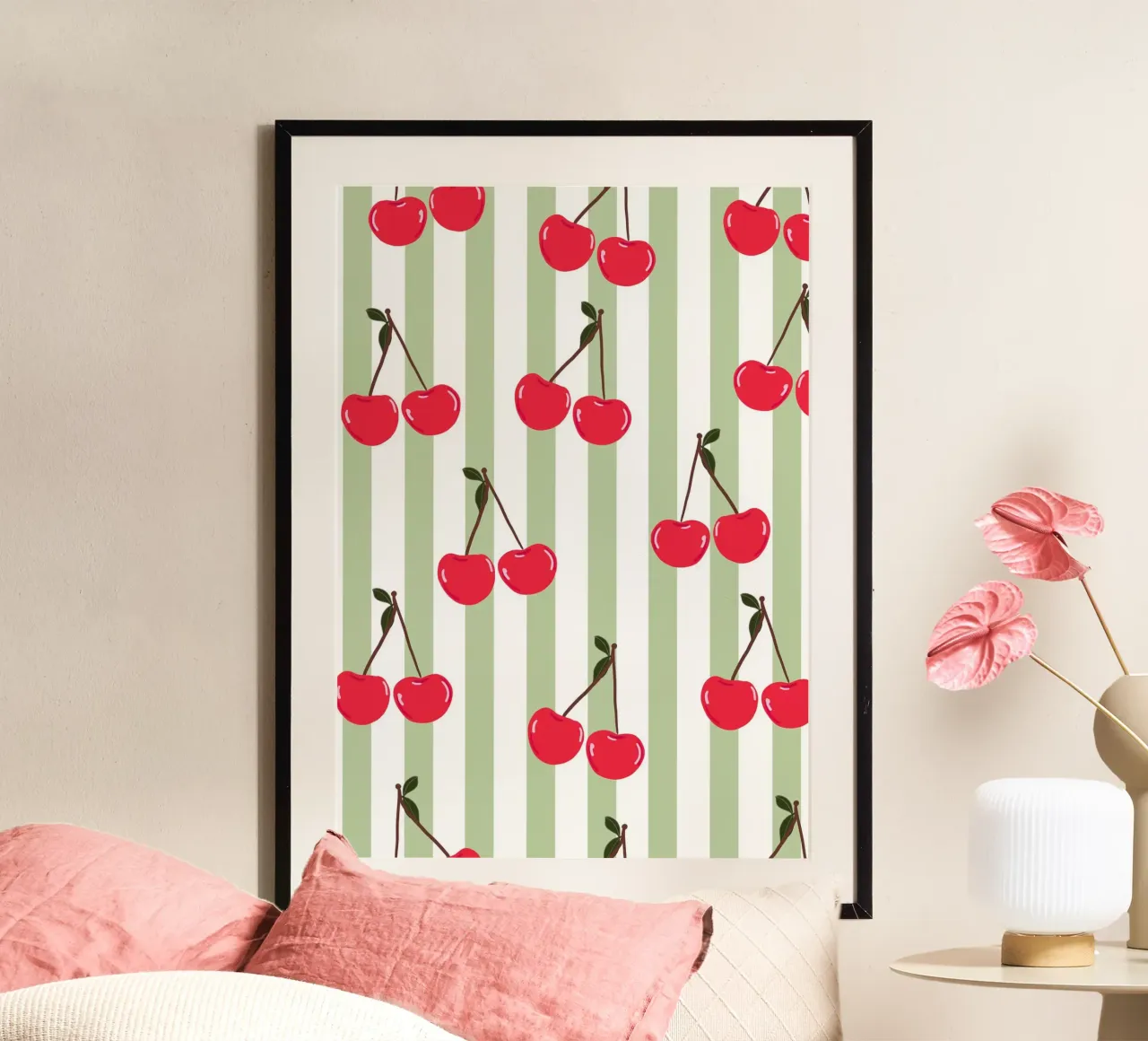 Green stripe cherry pattern fresh summer print hahnemühle by gulsengunel