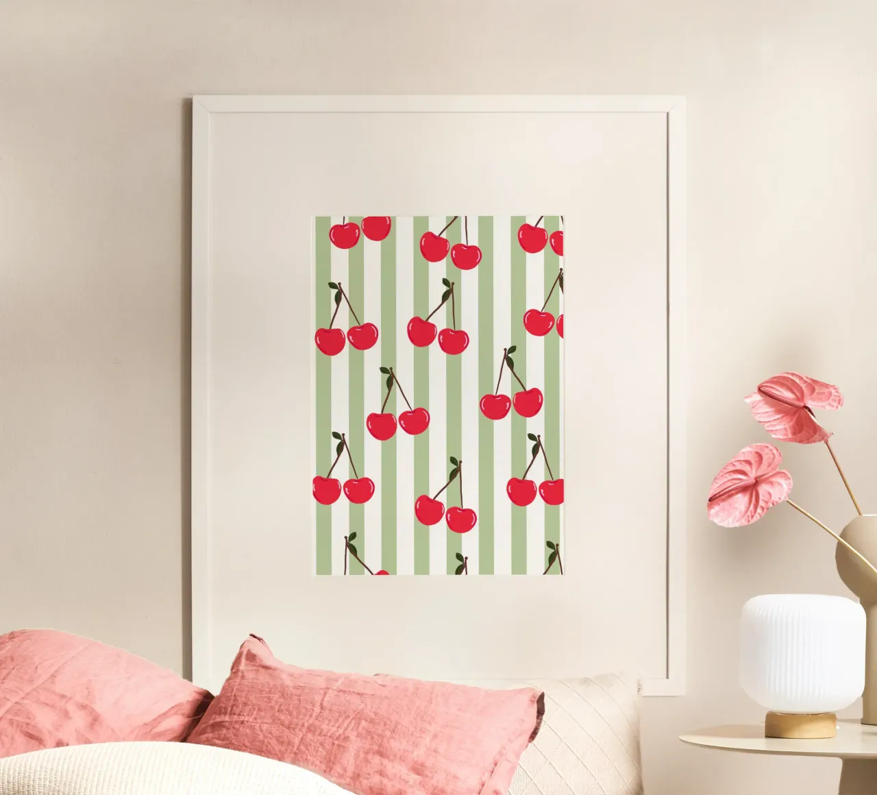 Green stripe cherry pattern fresh summer print hahnemühle by gulsengunel