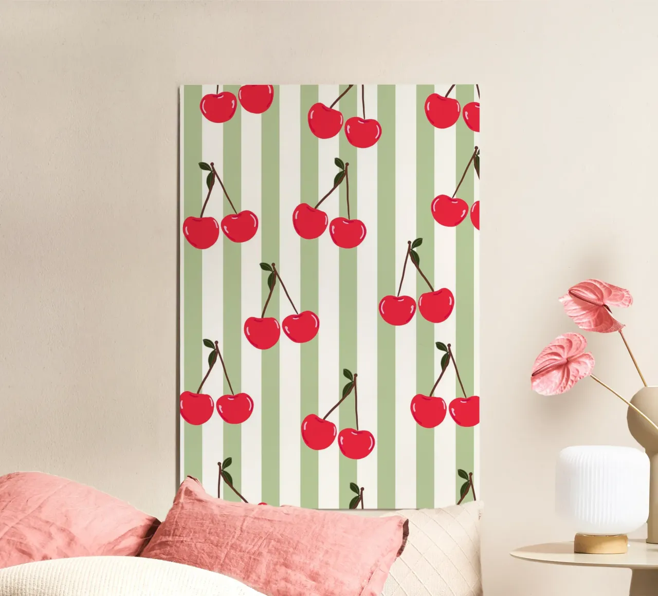 Green stripe cherry pattern fresh summer print hahnemühle by gulsengunel
