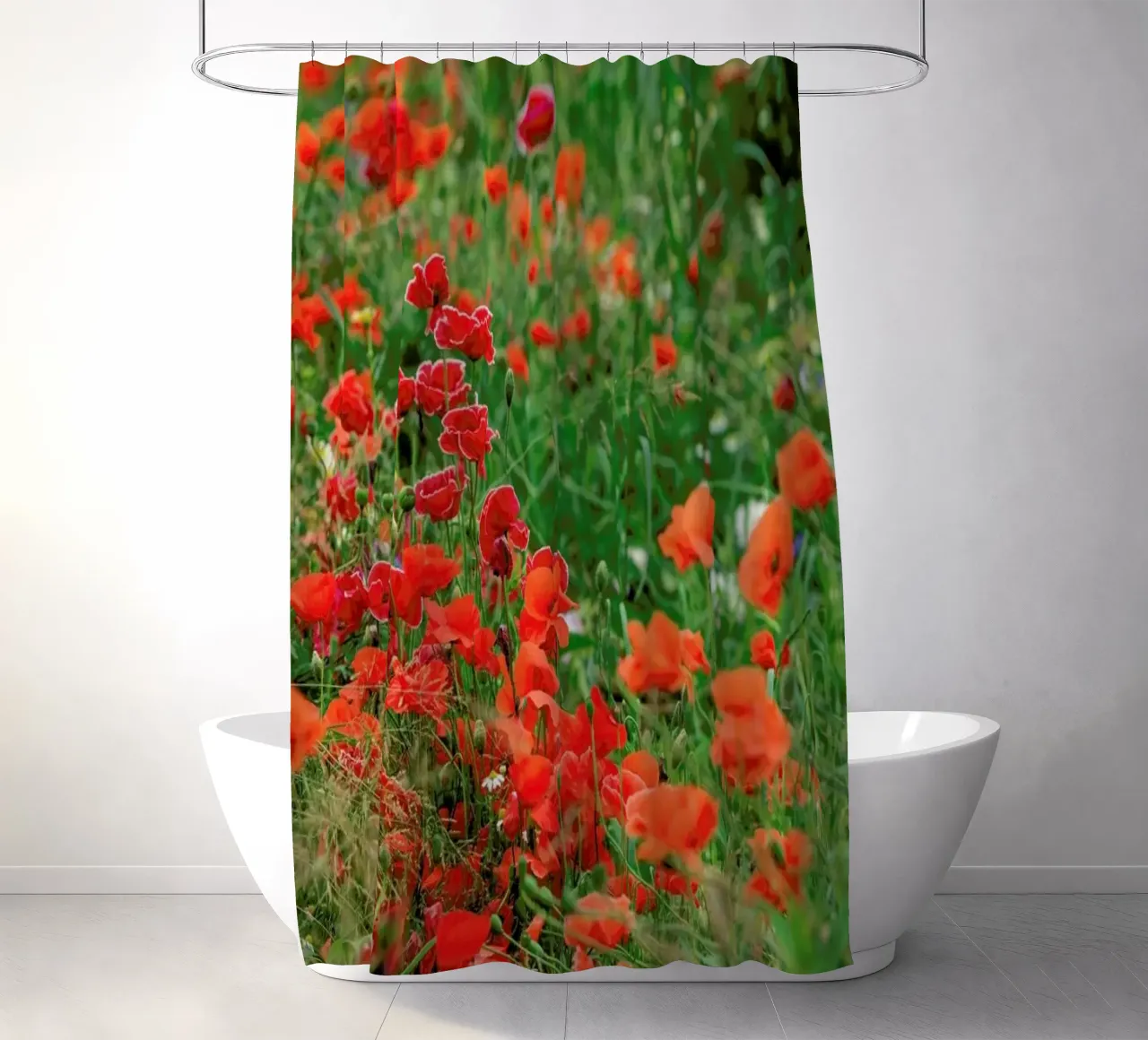 Wild Red Poppy Field shower curtain by Curious Collections by Marielle Leenders