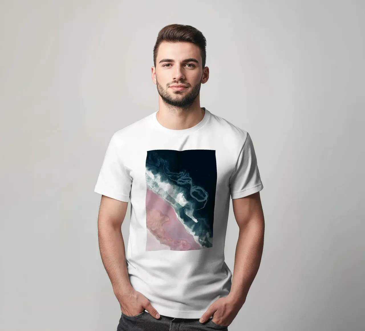 Dark Currents & Pink Sands - Abstract Aerial Ocean Print t-shirt da Vela Luna