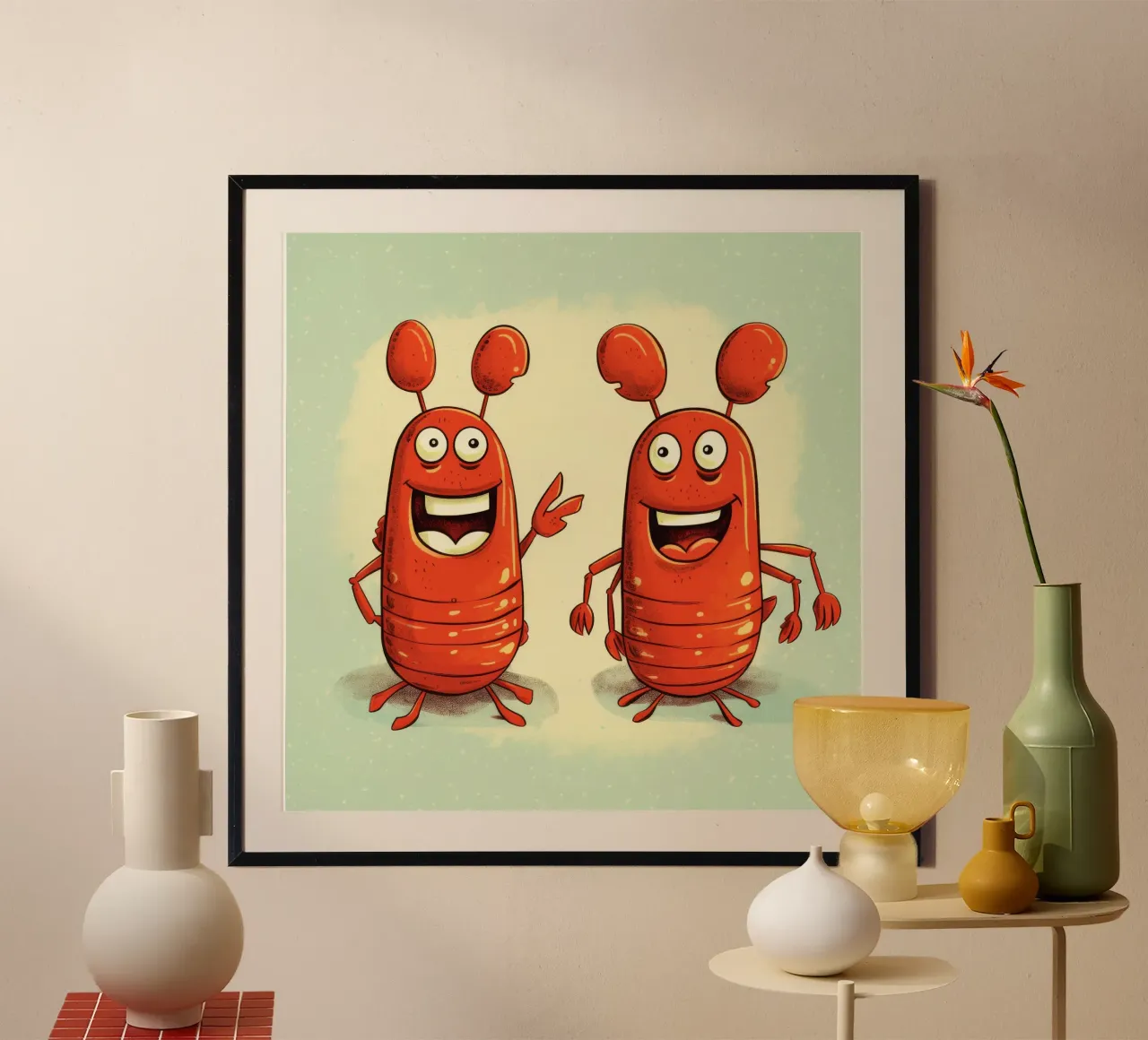 Duo di aragoste retrò poster con telaio in plastica da Funny Animals