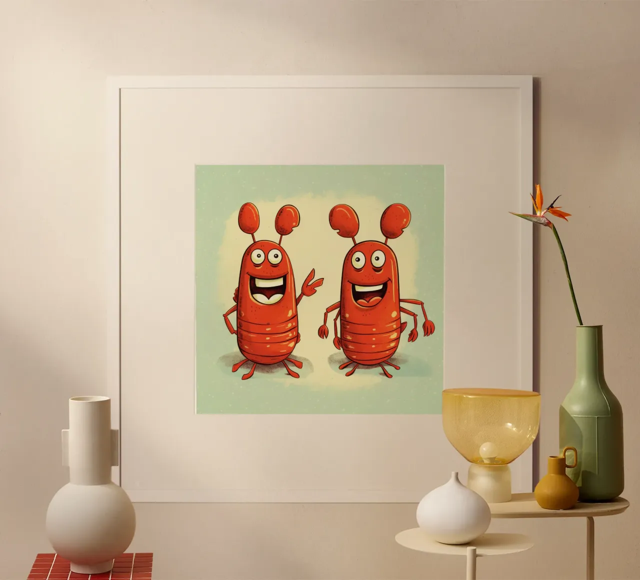 Duo di aragoste retrò poster con telaio in plastica da Funny Animals