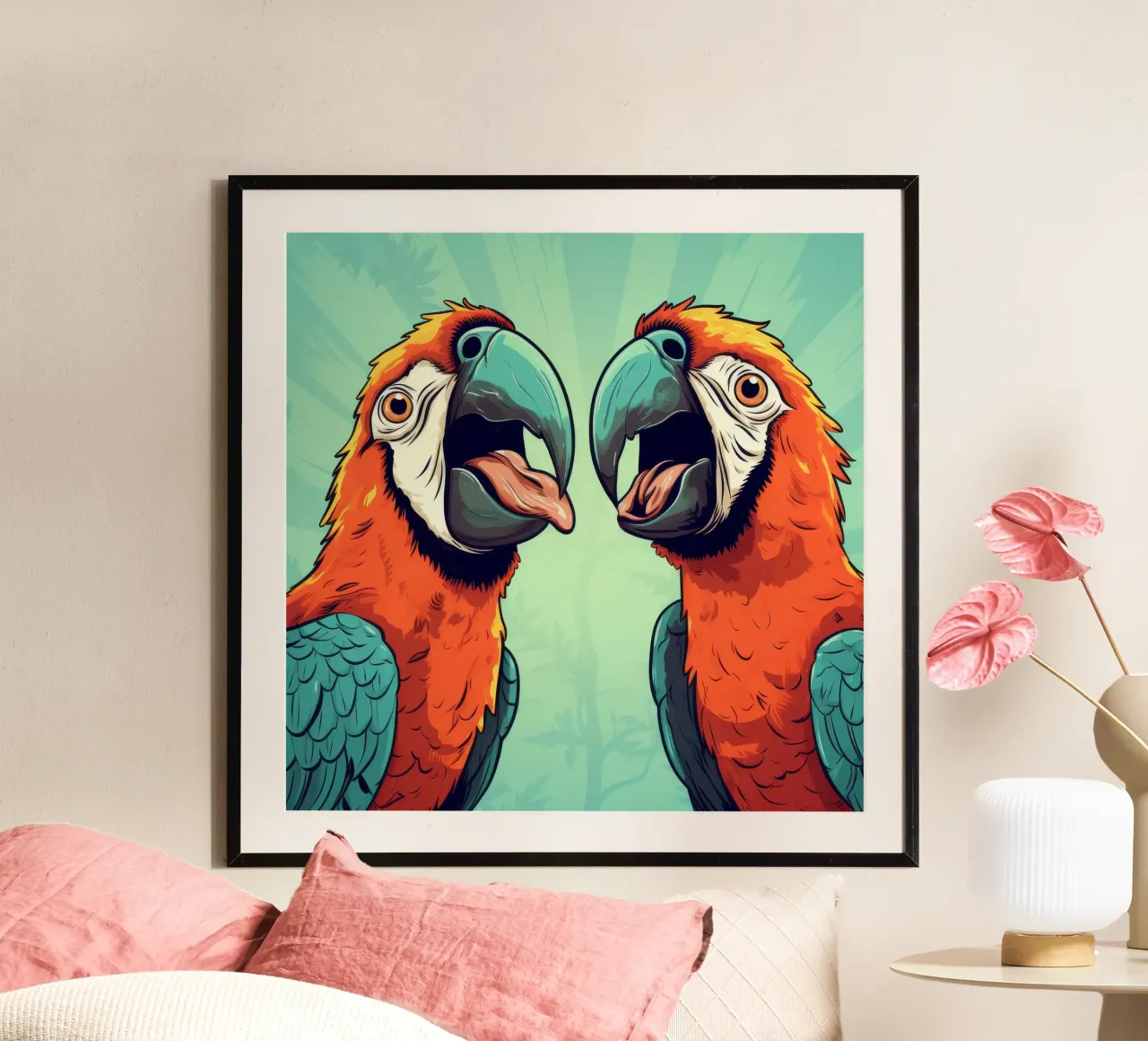 Duo di ara retrò poster con telaio in alluminio da Funny Animals