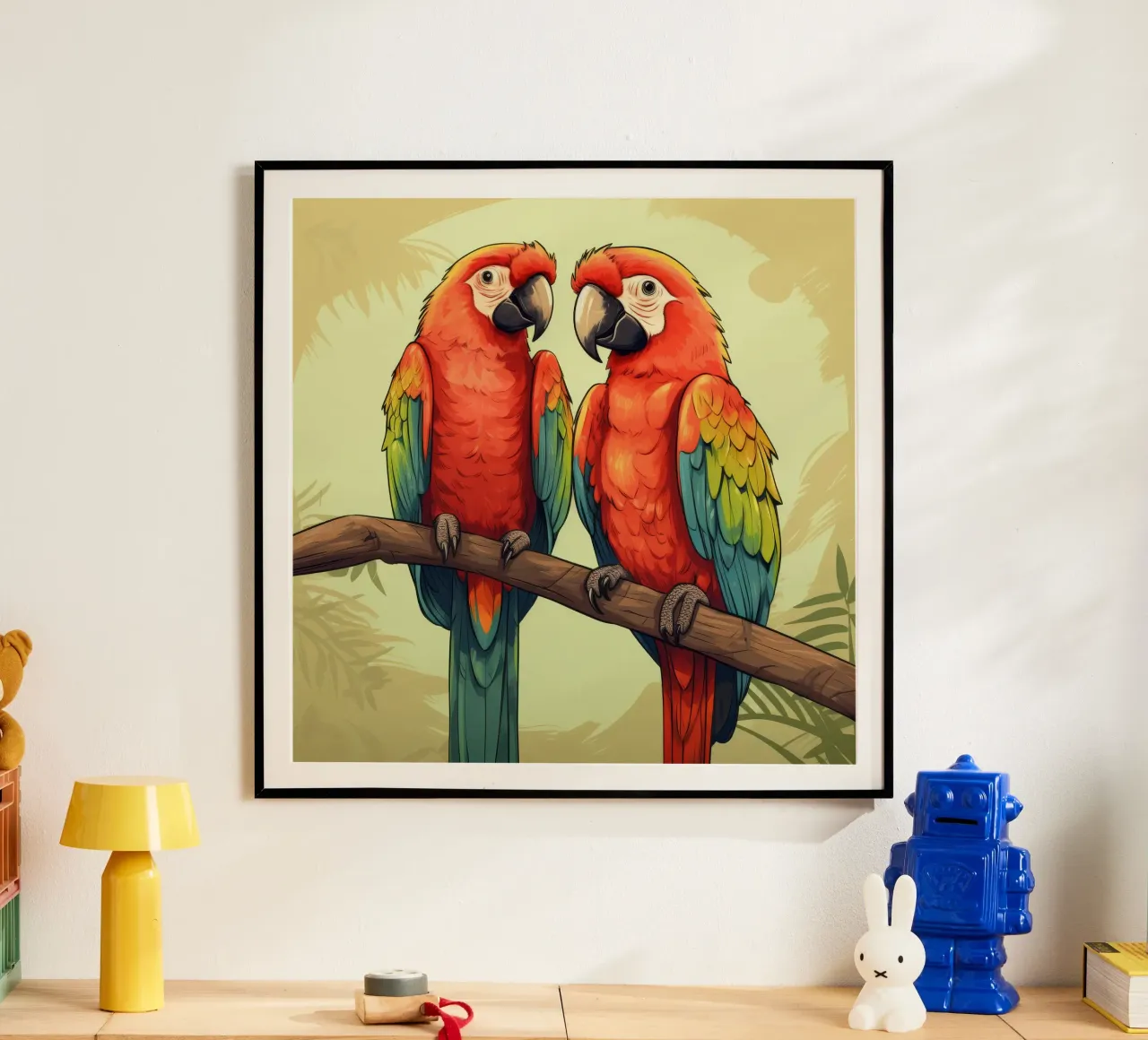 Duo di ara retrò poster con telaio in legno da Funny Animals