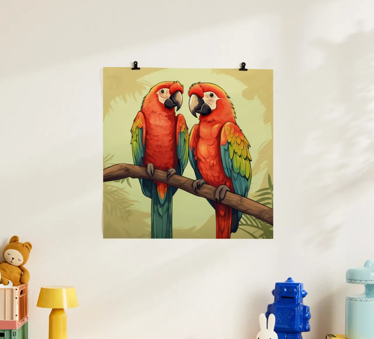 Duo di ara retrò poster con telaio in legno da Funny Animals