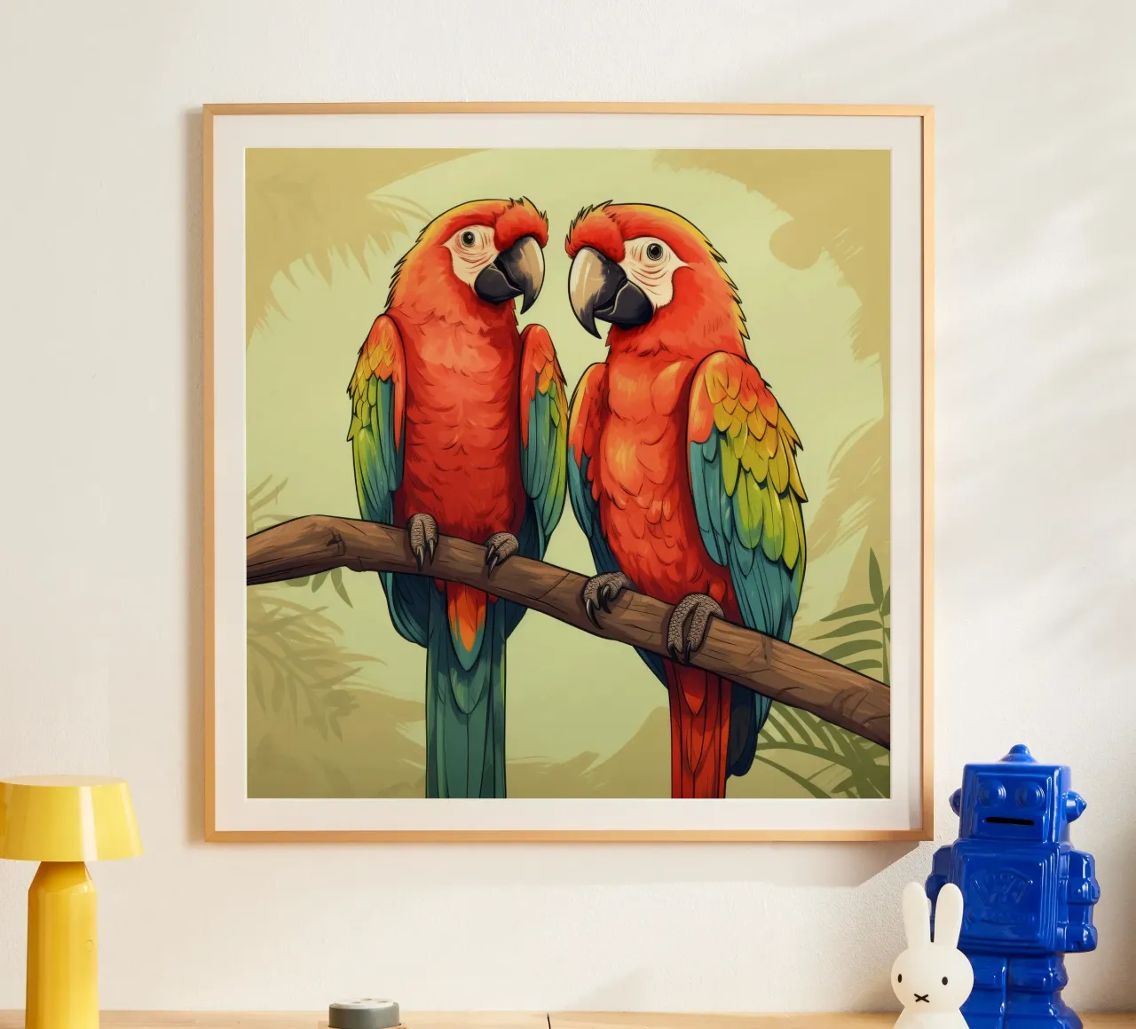 Duo di ara retrò poster con telaio in legno da Funny Animals