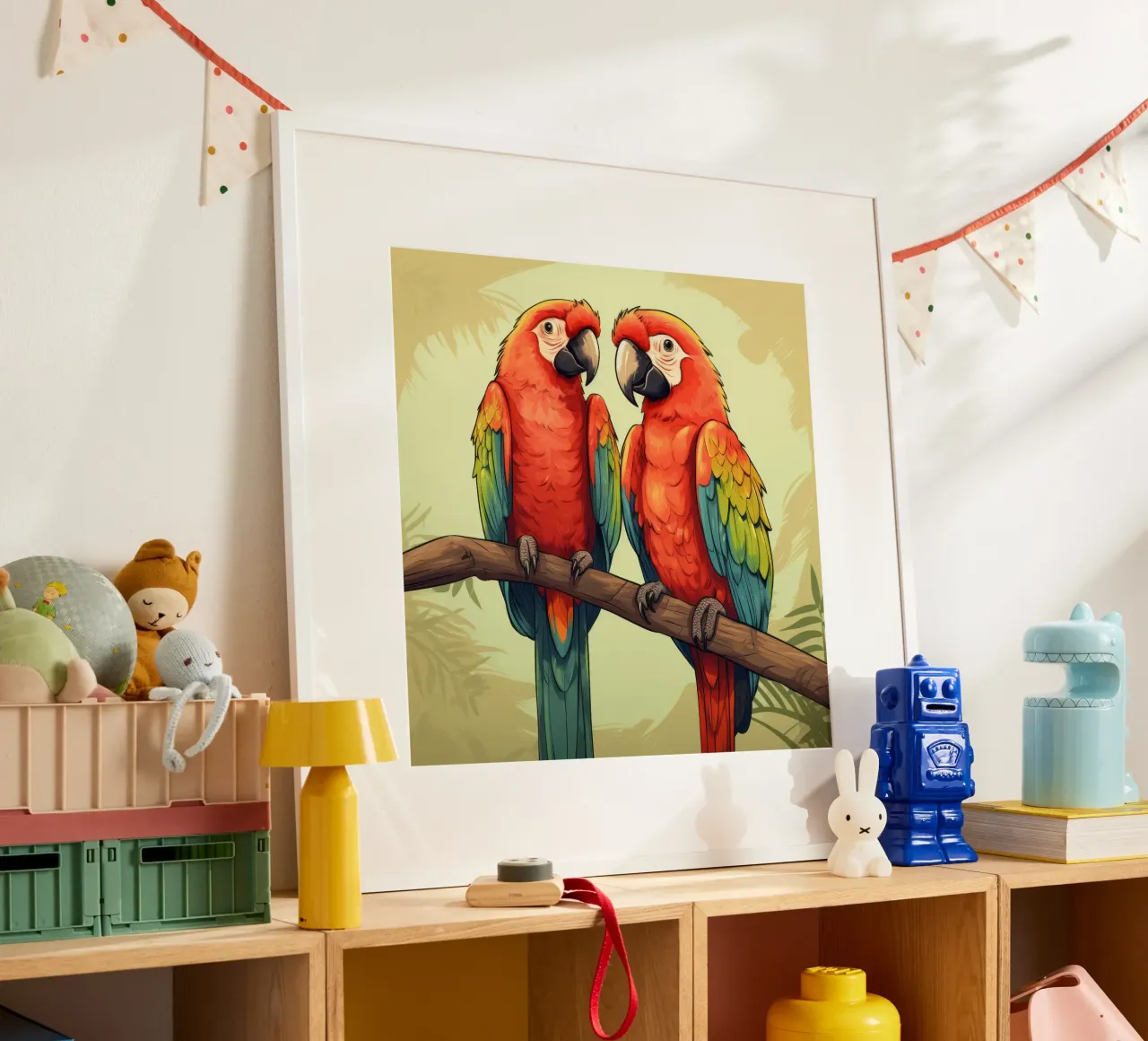 Duo di ara retrò poster con telaio in legno da Funny Animals