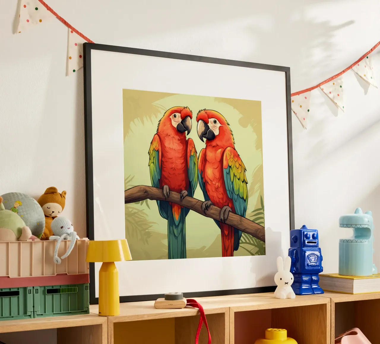 Duo di ara retrò poster con telaio in legno da Funny Animals